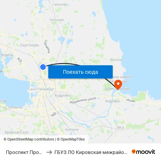 Проспект Просвещения (Prospekt Prosveschenya) to ГБУЗ ЛО Кировская межрайонная больница, Шлиссельбургская городская больница, стационар map