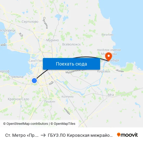 Ст. Метро «Пр. Ветеранов» / Бульвар Новаторов to ГБУЗ ЛО Кировская межрайонная больница, Шлиссельбургская городская больница, стационар map