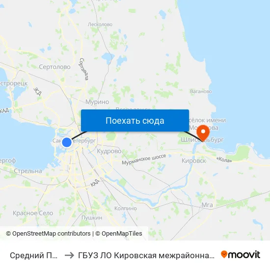 Средний Пр. В.О. По 9-Й Линии В.О. to ГБУЗ ЛО Кировская межрайонная больница, Шлиссельбургская городская больница, стационар map