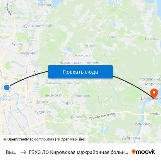 Выборгская to ГБУЗ ЛО Кировская межрайонная больница, Шлиссельбургская городская больница, стационар map