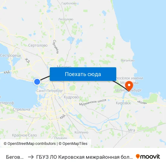 Беговая (Begovaya) to ГБУЗ ЛО Кировская межрайонная больница, Шлиссельбургская городская больница, стационар map