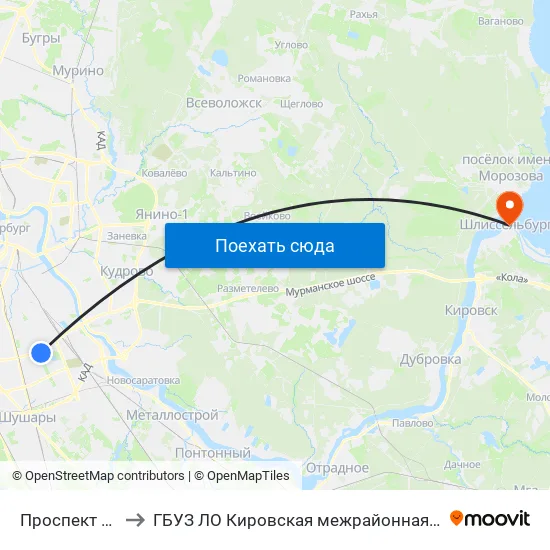 Проспект Славы (Prospekt Slavy) to ГБУЗ ЛО Кировская межрайонная больница, Шлиссельбургская городская больница, стационар map