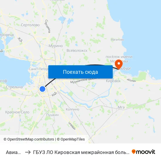 Авиационная Ул. to ГБУЗ ЛО Кировская межрайонная больница, Шлиссельбургская городская больница, стационар map