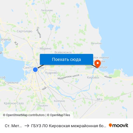 Ст. Метро Невский Пр. to ГБУЗ ЛО Кировская межрайонная больница, Шлиссельбургская городская больница, стационар map