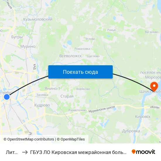 Литейный Пр. to ГБУЗ ЛО Кировская межрайонная больница, Шлиссельбургская городская больница, стационар map