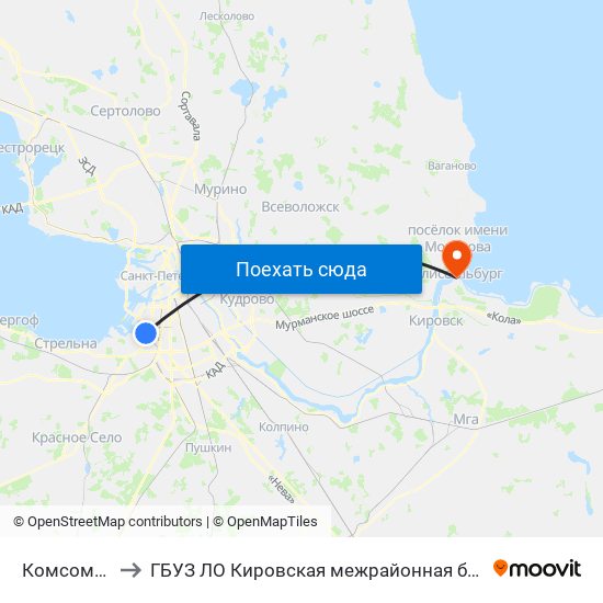 Комсомольская Площадь to ГБУЗ ЛО Кировская межрайонная больница, Шлиссельбургская городская больница, стационар map