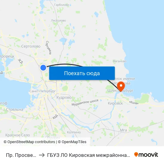 Пр. Просвещения Уг. Ул. Симонова to ГБУЗ ЛО Кировская межрайонная больница, Шлиссельбургская городская больница, стационар map