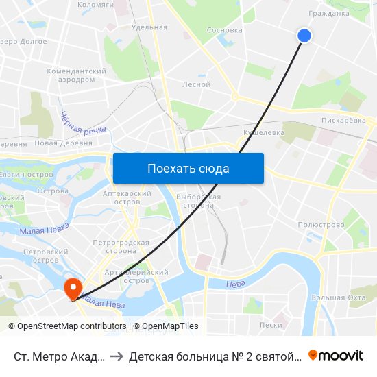 Ст. Метро Академическая to Детская больница № 2 святой Марии Магдалины map