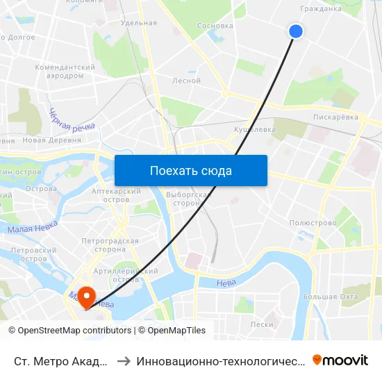 Ст. Метро Академическая to Инновационно-технологический центр ИТМО map