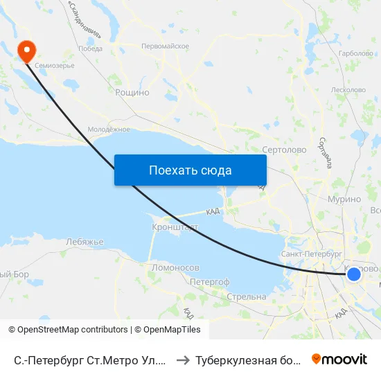 С.-Петербург  Ст.Метро Ул.Дыбенко to Туберкулезная больница map