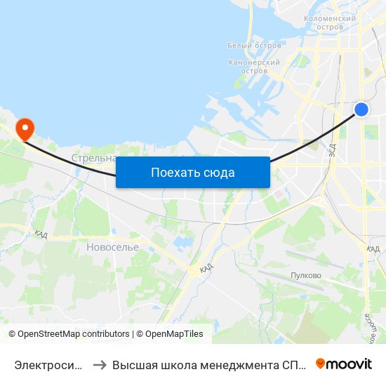 Электросила (Elektrosila) to Высшая школа менеджмента СПбГУ. Кампус ""Михайловская дача"" map