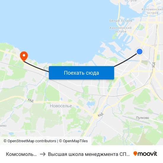 Комсомольская Площадь to Высшая школа менеджмента СПбГУ. Кампус ""Михайловская дача"" map