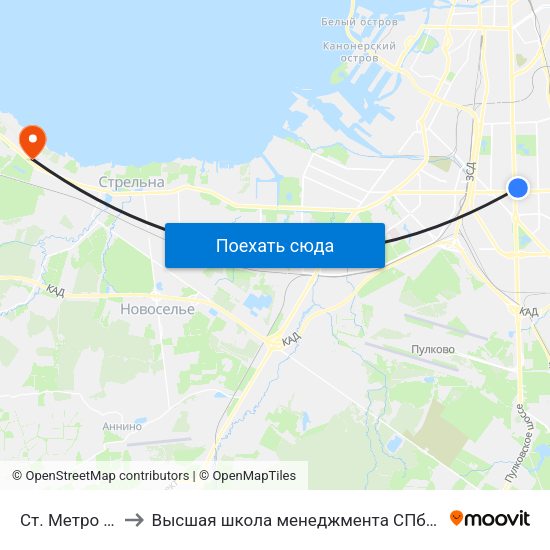 Ст. Метро Московская to Высшая школа менеджмента СПбГУ. Кампус ""Михайловская дача"" map