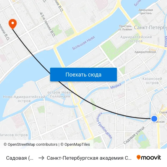 Садовая (Sadovaya) to Санкт-Петербургская академия Следственного комитета map