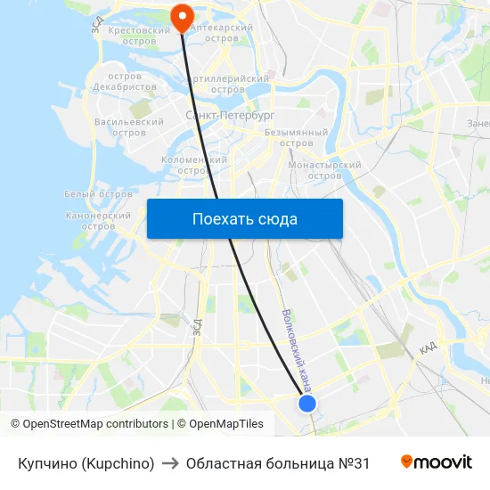 Купчино (Kupchino) to Областная больница №31 map