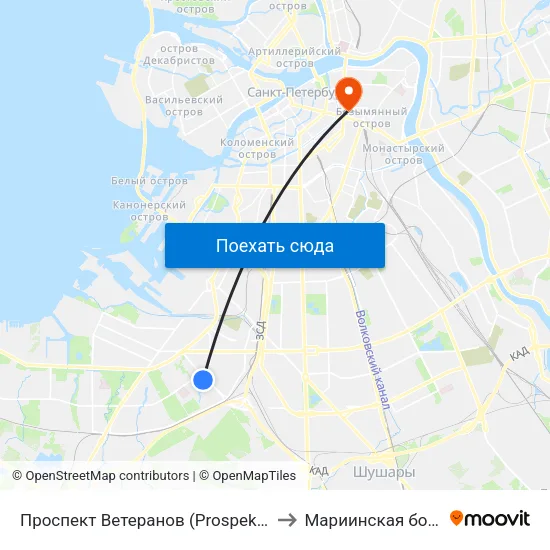 Проспект Ветеранов (Prospekt Veteranov) to Мариинская больница map