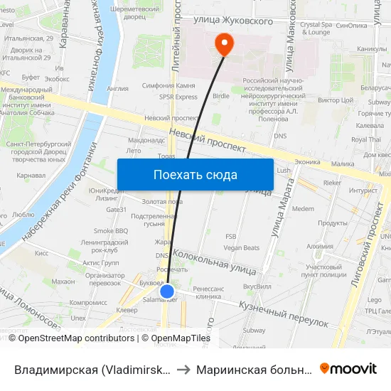 Владимирская (Vladimirskaya) to Мариинская больница map