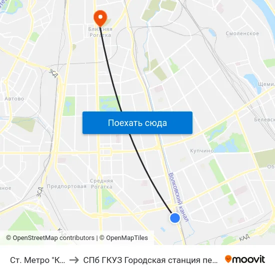 Ст. Метро "Купчино" to СПб ГКУЗ Городская станция переливания крови map