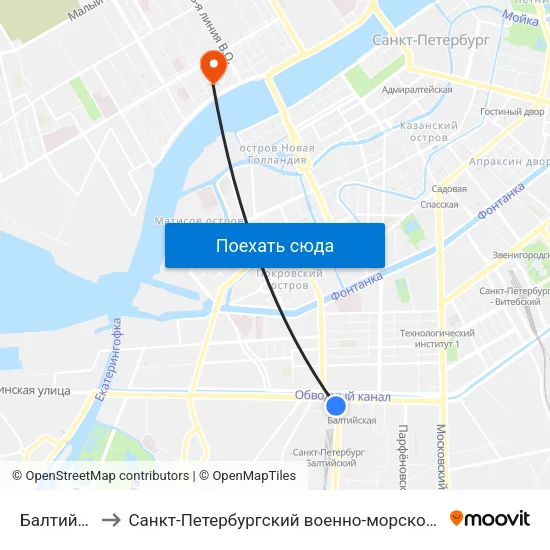 Балтийский Вокзал to Санкт-Петербургский военно-морской институт ""Морской корпус Петра Великого"" map