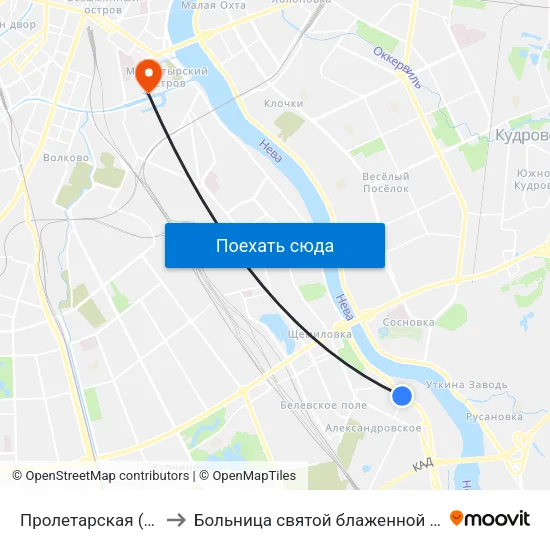 Пролетарская (Proletarskaya) to Больница святой блаженной Ксении Петербургской map