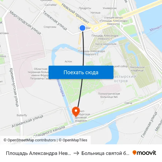 Площадь Александра Невского - 2 (Ploschad' Aleksandra Nevskogo - 2) to Больница святой блаженной Ксении Петербургской map