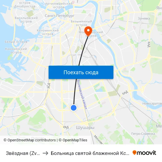 Звёздная (Zvyozdnaya) to Больница святой блаженной Ксении Петербургской map