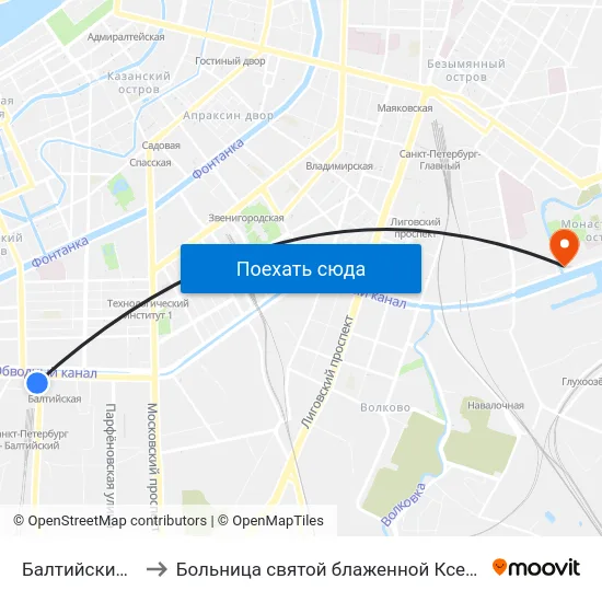 Балтийский Вокзал to Больница святой блаженной Ксении Петербургской map