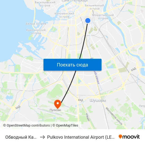Обводный Канал (Obvodny Kanal) to Pulkovo International Airport (LED) (Международный аэропорт Пулково) map