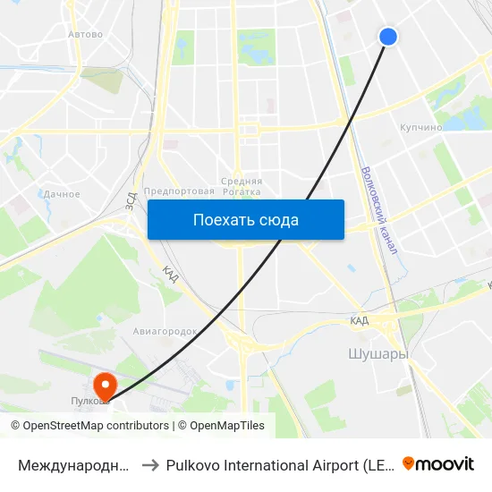 Международная (Mezhdunarodnaya) to Pulkovo International Airport (LED) (Международный аэропорт Пулково) map