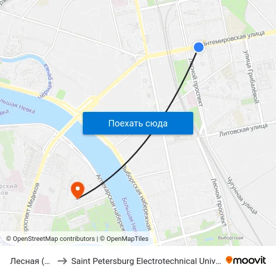 Лесная (Lesnaya) to Saint Petersburg Electrotechnical University (СПбГЭТУ  ЛЭТИ ) map