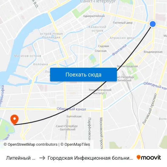 Литейный Пр. to Городская Инфекционная больница 10 map