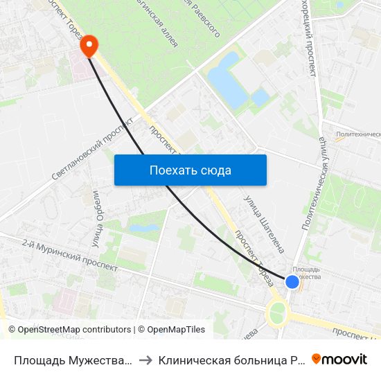 Площадь Мужества (Ploschad' Muzhestva) to Клиническая больница Российской Академии Наук map