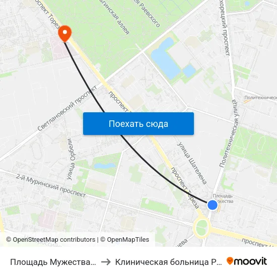 Площадь Мужества (Ploschad' Muzhestva) to Клиническая больница Российской Академии Наук map
