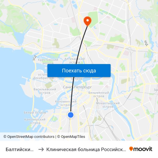 Балтийский Вокзал to Клиническая больница Российской Академии Наук map