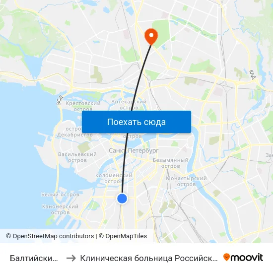 Балтийский Вокзал to Клиническая больница Российской Академии Наук map
