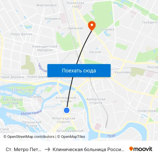 Ст. Метро Петроградская to Клиническая больница Российской Академии Наук map
