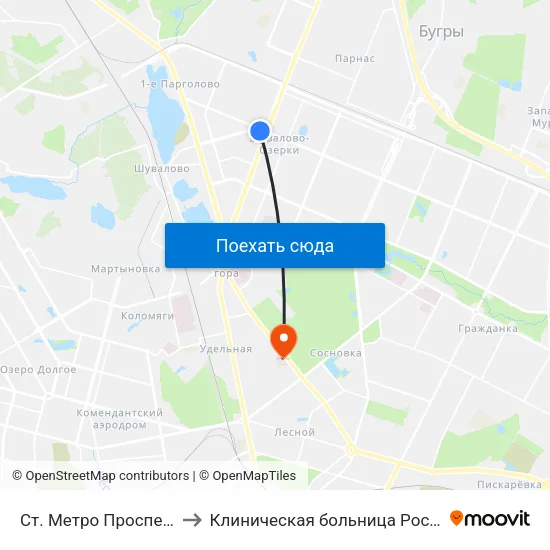 Ст. Метро Проспект Просвещения to Клиническая больница Российской Академии Наук map