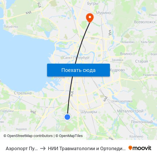 Аэропорт Пулково 1 to НИИ Травматологии и Ортопедии имени Вредена map