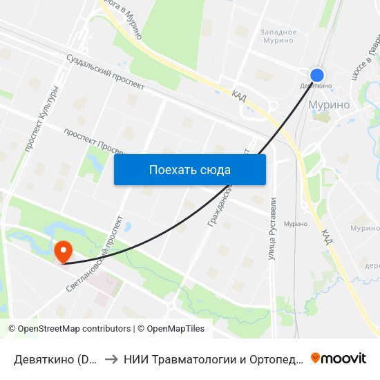 Девяткино (Devyatkino) to НИИ Травматологии и Ортопедии имени Вредена map