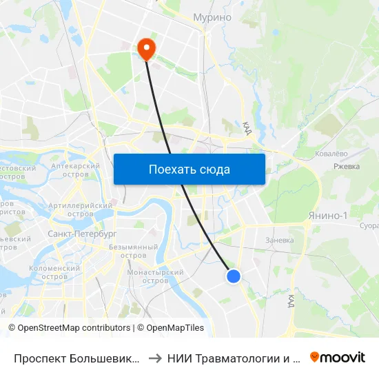 Проспект Большевиков (Prospekt Bol'Shevikov) to НИИ Травматологии и Ортопедии имени Вредена map