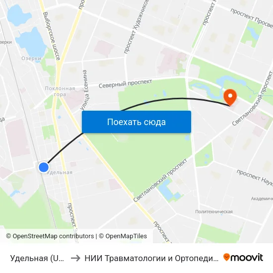 Удельная (Udel'Naya) to НИИ Травматологии и Ортопедии имени Вредена map