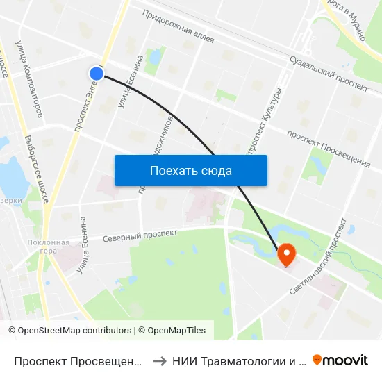 Проспект Просвещения (Prospekt Prosveschenya) to НИИ Травматологии и Ортопедии имени Вредена map