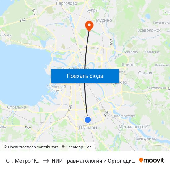 Ст. Метро "Купчино" to НИИ Травматологии и Ортопедии имени Вредена map