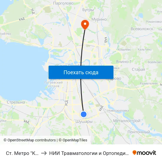 Ст. Метро "Купчино" to НИИ Травматологии и Ортопедии имени Вредена map