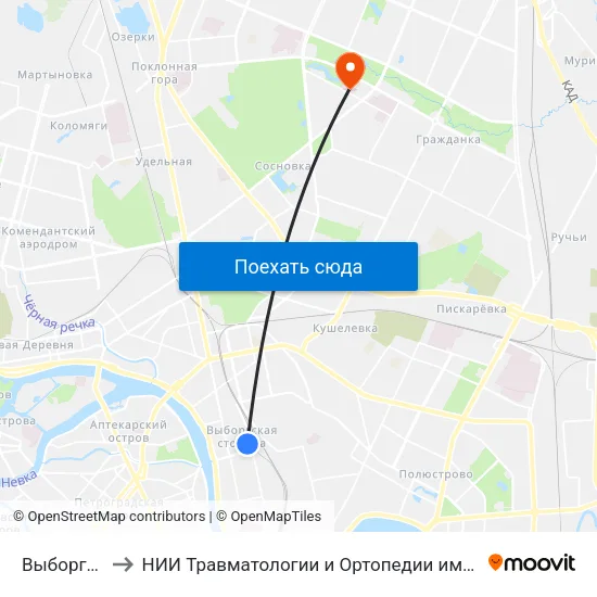 Выборгская to НИИ Травматологии и Ортопедии имени Вредена map