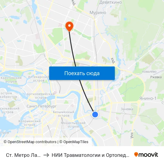 Ст. Метро Ладожская to НИИ Травматологии и Ортопедии имени Вредена map