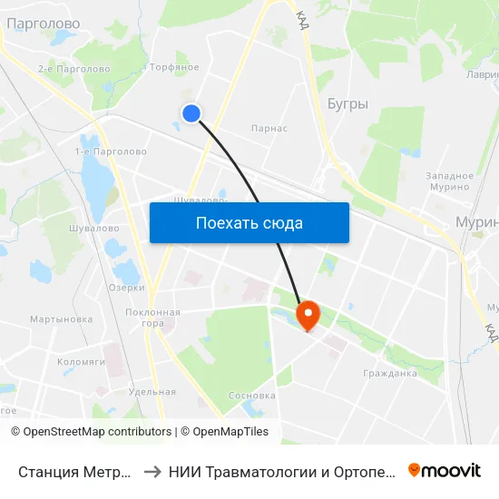 Станция Метро «Парнас» to НИИ Травматологии и Ортопедии имени Вредена map