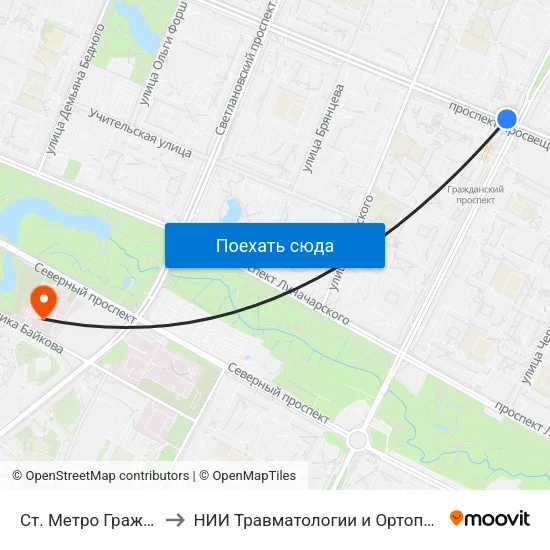 Ст. Метро Гражданский Пр. to НИИ Травматологии и Ортопедии имени Вредена map