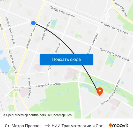 Ст. Метро Проспект Просвещения to НИИ Травматологии и Ортопедии имени Вредена map
