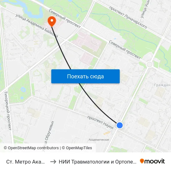 Ст. Метро Академическая to НИИ Травматологии и Ортопедии имени Вредена map
